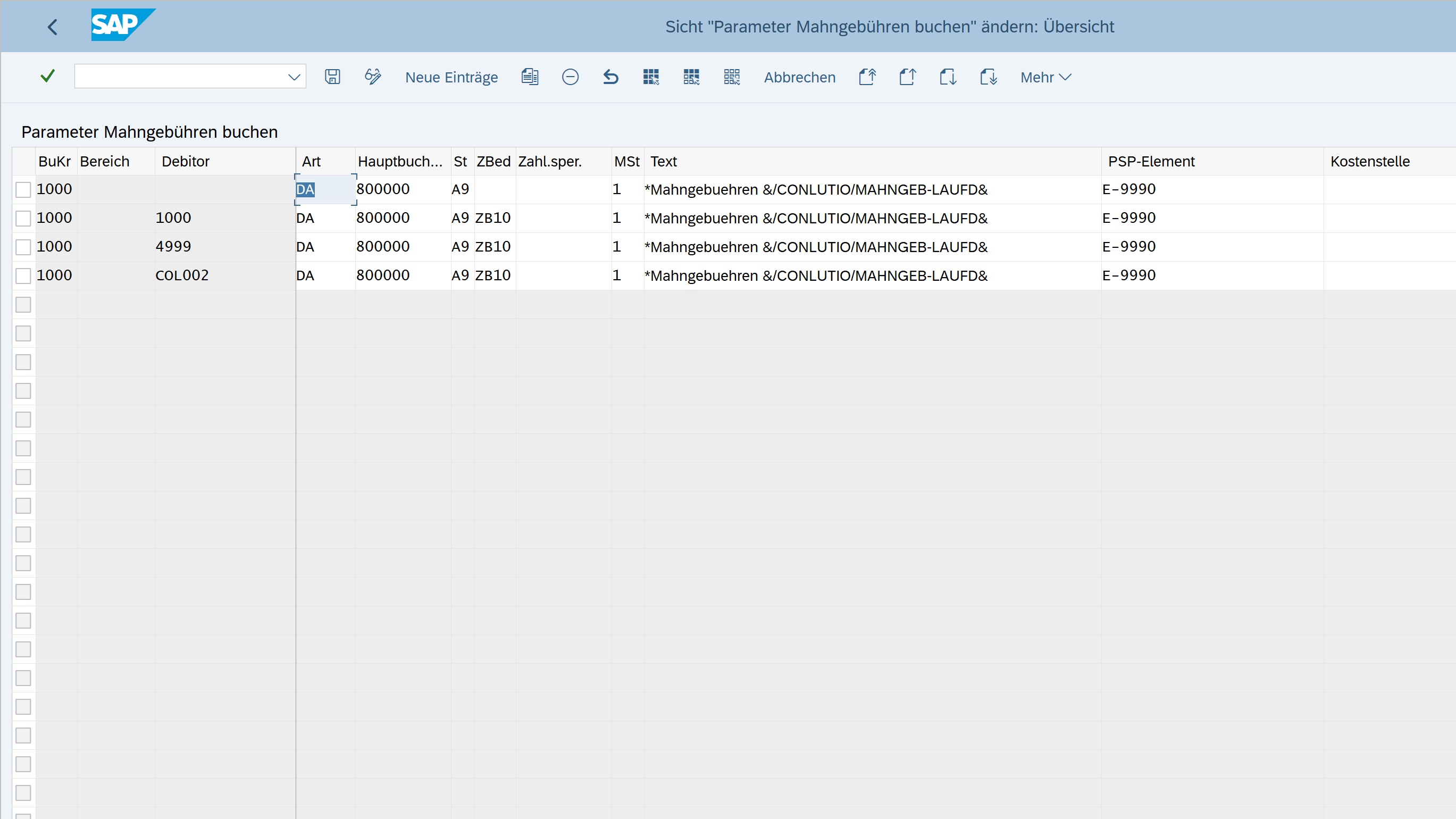 Parameter für Positionstext und Kontierungsinformationen