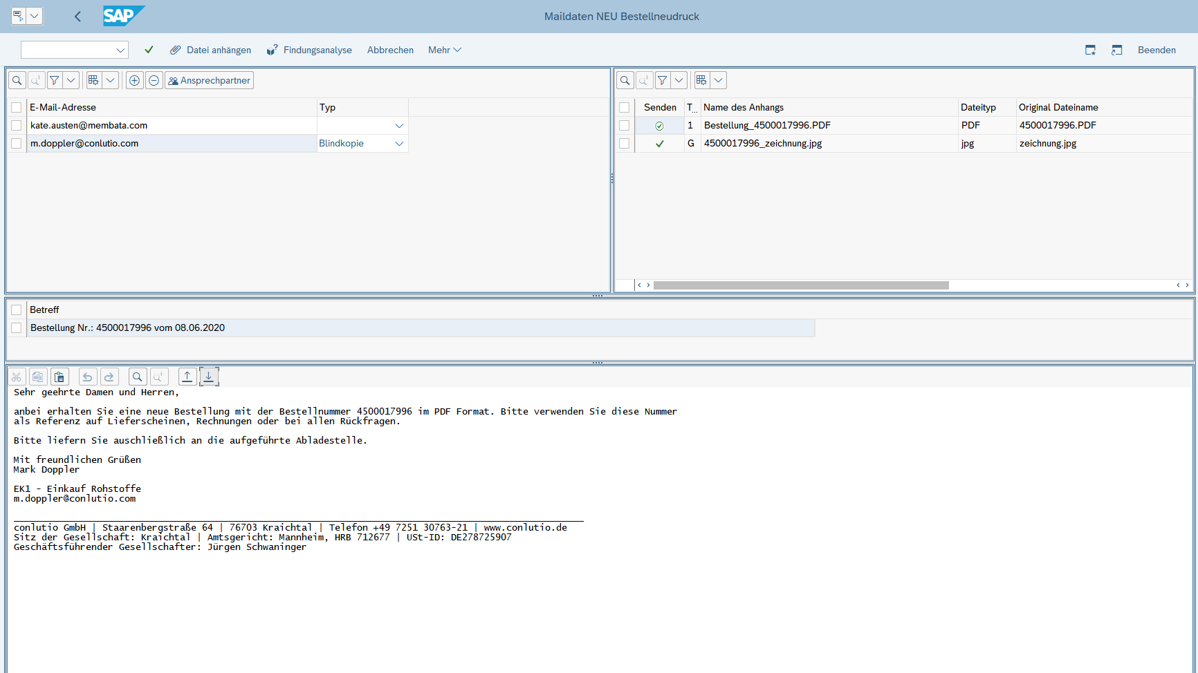 Automatische Findung und Überarbeitungsmöglichkeiten aller Maildaten direkt aus dem SAP Beleg